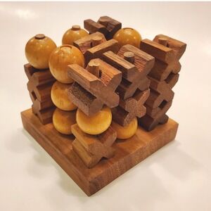 Vintage 3D Wooden Tic-Tac-Toe Strategy Game Tabletop Decor Puzzle 3x3x3 Grid